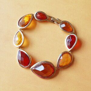 Vintage 1990s Amber & Gold Bezel Set Bracelet – Faceted Teardrop Faux Crystal